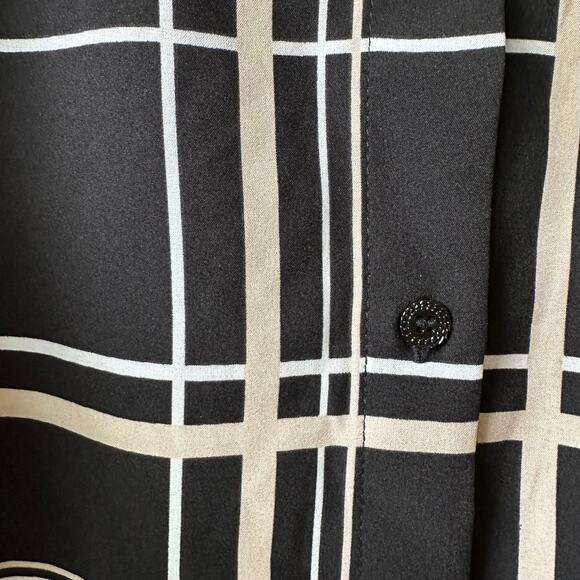 Susan Graver Blouse Top Plaid Button Down Relaxed Black Tan Small Classic Office - Picture 5 of 11